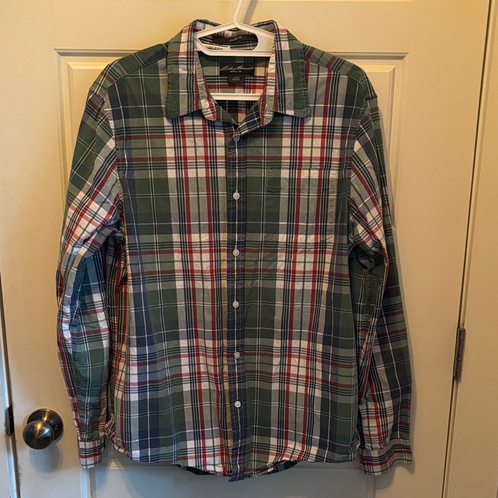 Eddie Bauer Green and Red Plaid Men's Shirt